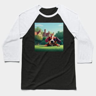 Brown and white Sausage Dog playing in the garden Baseball T-Shirt